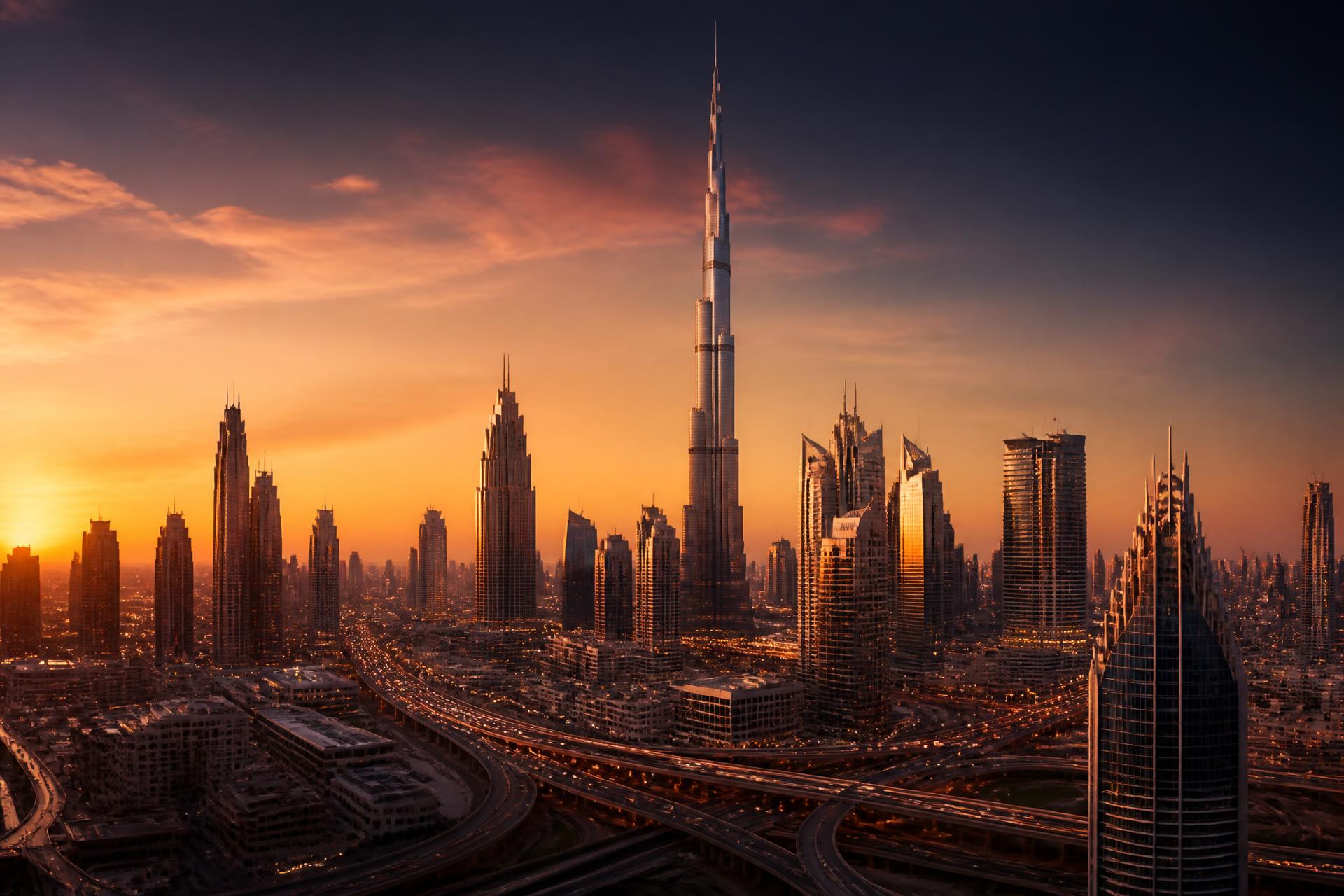 Dubai skyline at dusk with modern towers