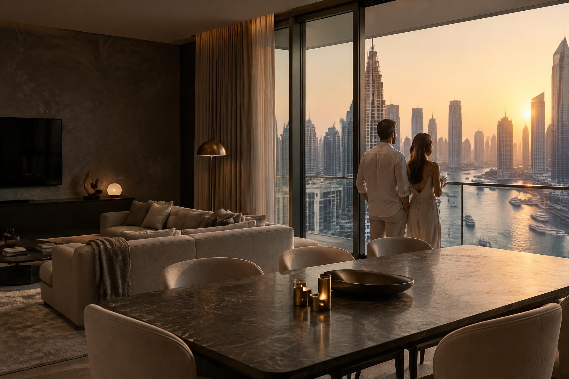 Guests looking across Dubai Marina from a DVH Collection residence