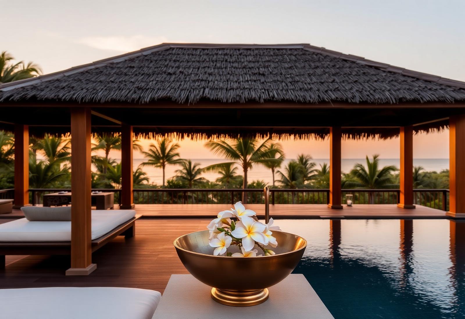 Private pool villa terrace at golden hour